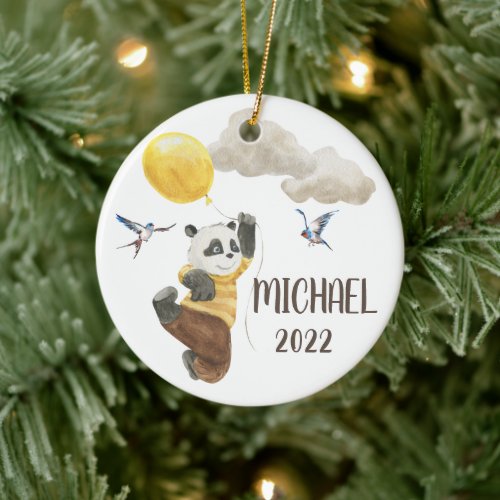 Watercolor Panda with Balloon Monogram Child Ceramic Ornament