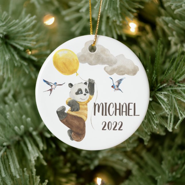 Watercolor Panda with Balloon Monogram Child Ceramic Ornament (Tree)