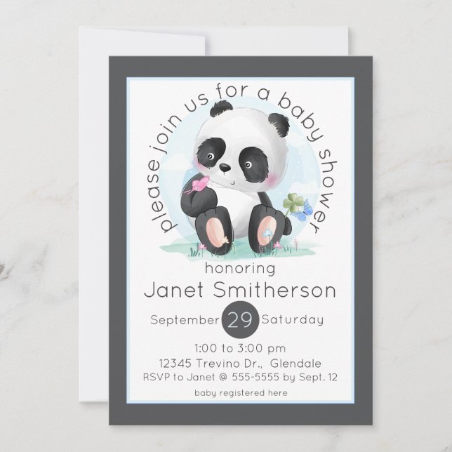 Watercolor Panda with Butterflies Baby Shower Invitation (Front)