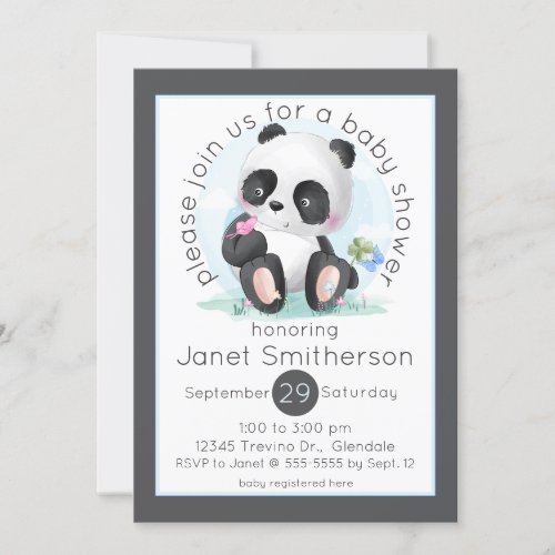 Watercolor Panda with Butterflies Baby Shower Invitation