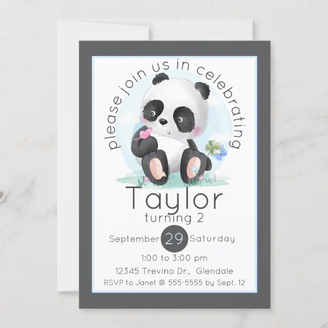 Watercolor Panda with Butterflies Birthday Invitation | Zazzle