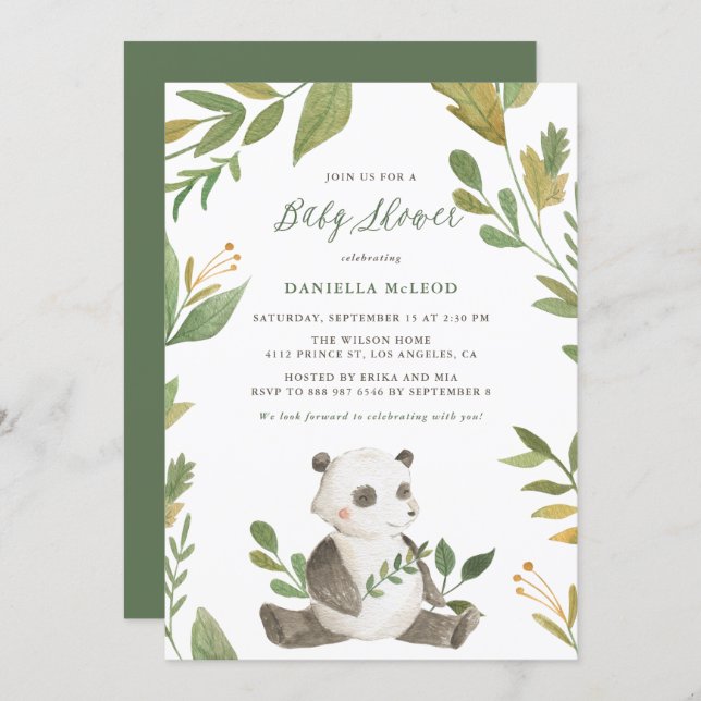 Watercolor Panda with Foliage Wreath Baby Shower Invitation (Front/Back)