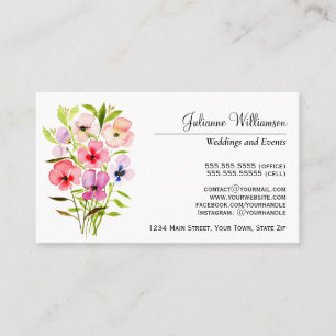 Watercolor Pansies Bouquet Simple Elegant Business Card