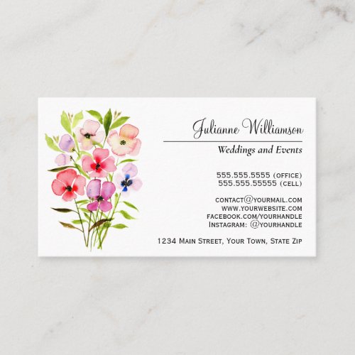 Watercolor Pansies Bouquet Simple Elegant Business Card