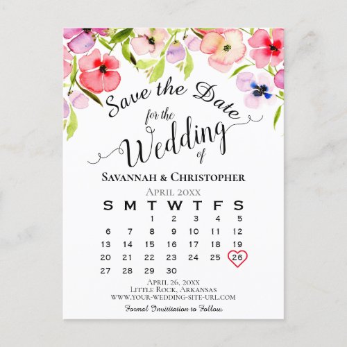 Watercolor Pansies Wedding Save the Date Calendar Announcement Postcard