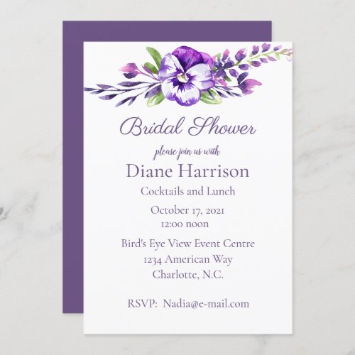 Watercolor Pansy Bridal Shower Invitation