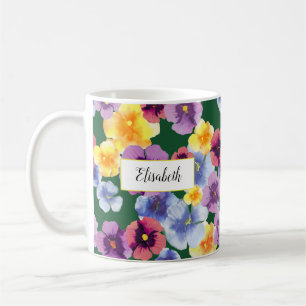 Watercolor Pansy Floral Personalized Forest Green Coffee Mug
