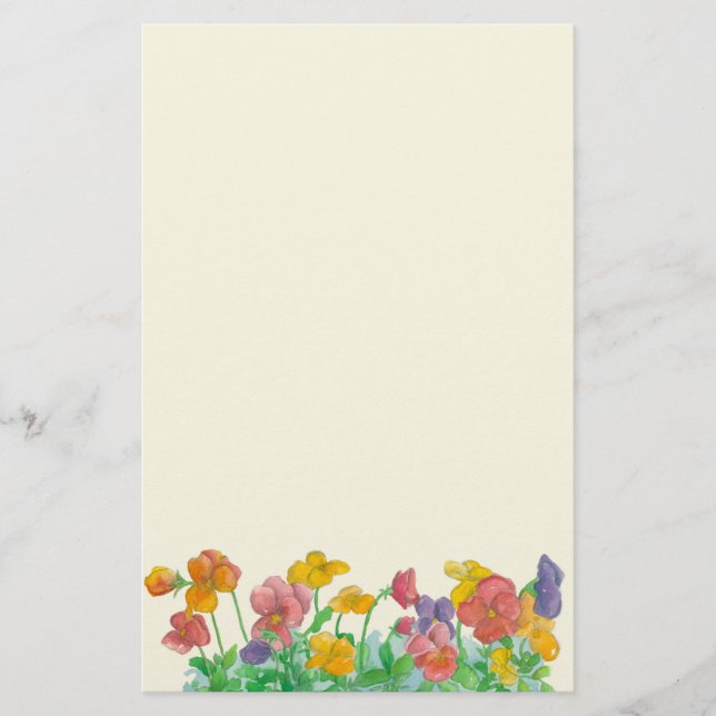 Watercolor Pansy Flowers Rainbow Colors Stationery (Front)
