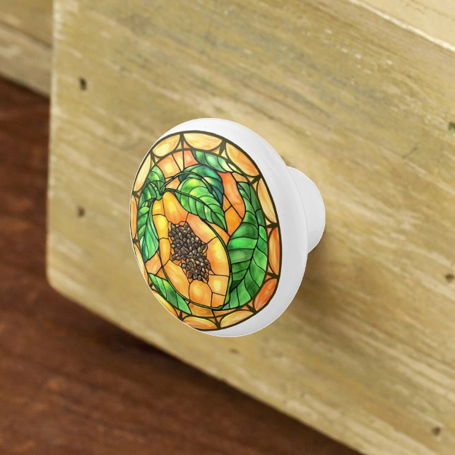 Watercolor Papaya Stained Glass Orange Green Ceramic Knob (Creator Uploaded)
