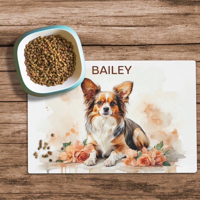 Watercolor Papillon with Pink Roses Dog Food Mat (Creator Uploaded)