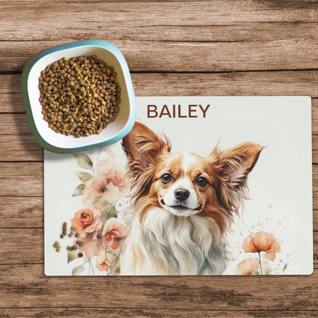 Watercolor Papillon with Pink Roses Dog Food Mat (Creator Uploaded)
