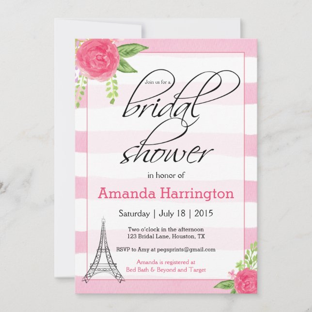 Watercolor Paris Bridal Shower Invitation - Pink (Front)