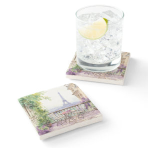 Watercolor Paris Café Eiffel Tower Stone Coaster