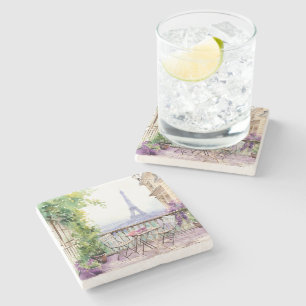 Watercolor Paris Café Eiffel Tower Stone Coaster