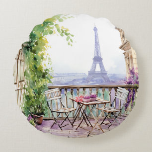 Watercolor Paris Café Eiffel Tower View Round Pillow