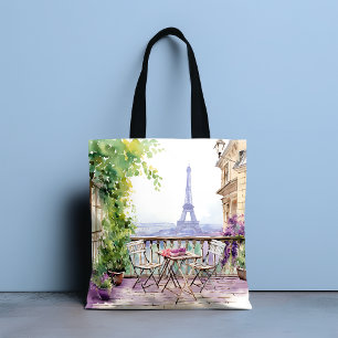 Watercolor Paris Café Terrace Eiffel Tower Tote Bag