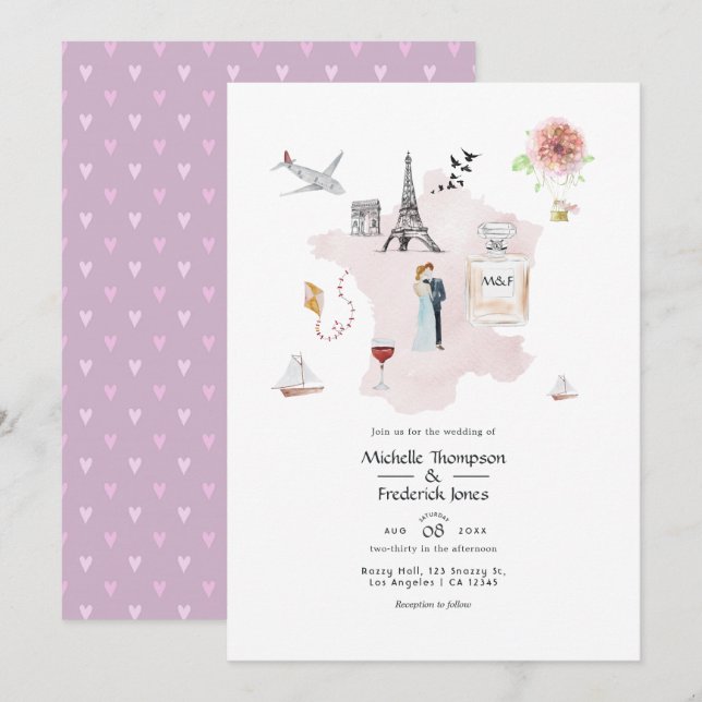 Watercolor Paris Destination Wedding Monogram Invitation (Front/Back)