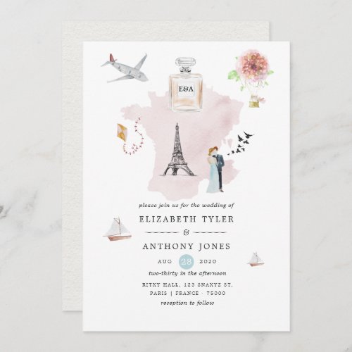 Watercolor Paris Destination Wedding Monogram Invitation