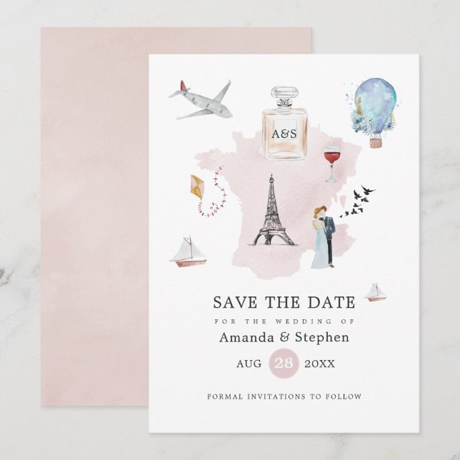 Watercolor Paris Destination Wedding Monogram Save The Date (Front/Back)