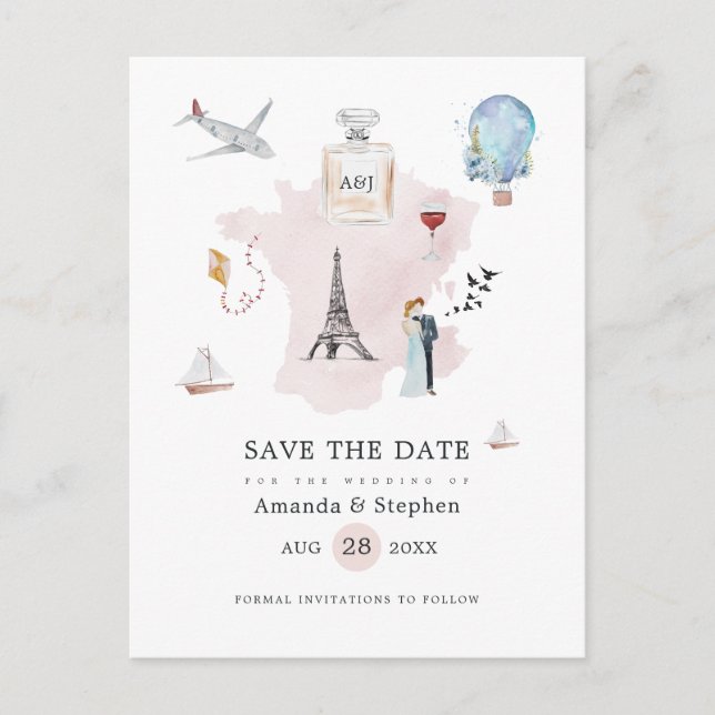 Watercolor Paris Destination Wedding Save the Date Announcement Postcard (Front)