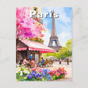 Watercolor Paris Eiffel Tower & Cafe Travel Postcard