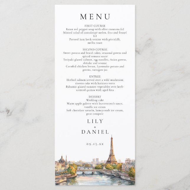 Watercolor Paris France Destination Wedding Menu (Front)
