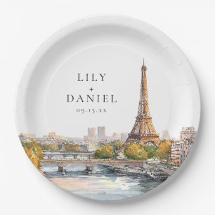 Watercolor Paris France Destination Wedding Paper Plates