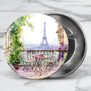 Watercolor Paris French Cafe Eiffel Tower Button