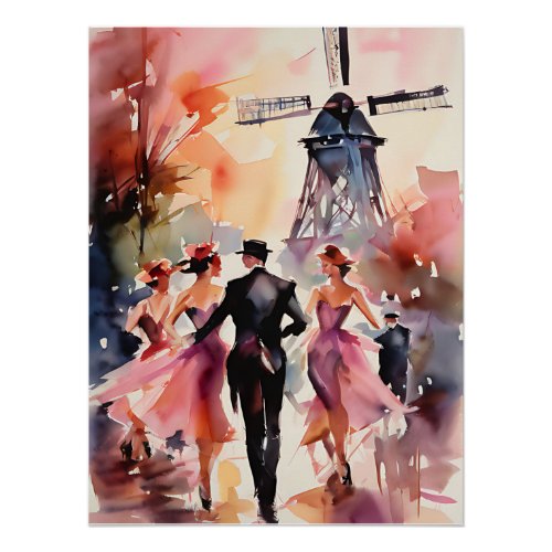 Watercolor Paris Moulin Rouge Urban Art Cabaret Poster