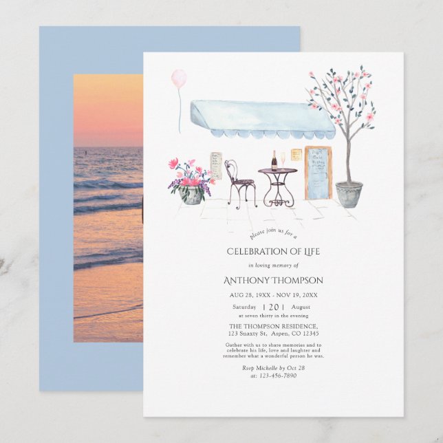 Watercolor Paris themed Celebration of Life Invitation (Front/Back)