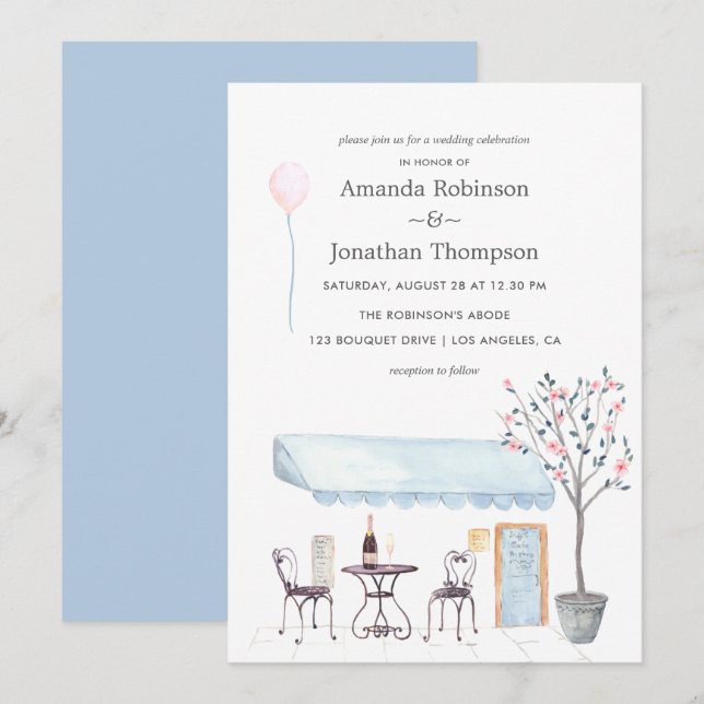 Watercolor Paris themed Wedding invitation (Front/Back)