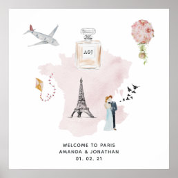 Watercolor Paris Themed Wedding Welcome Monogram Poster