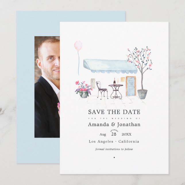 Watercolor Paris Wedding Photo Save The Date (Front/Back)
