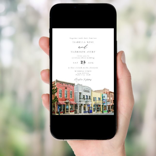 Watercolor Park City Utah Buildings Wedding Invitation (Front Digital)