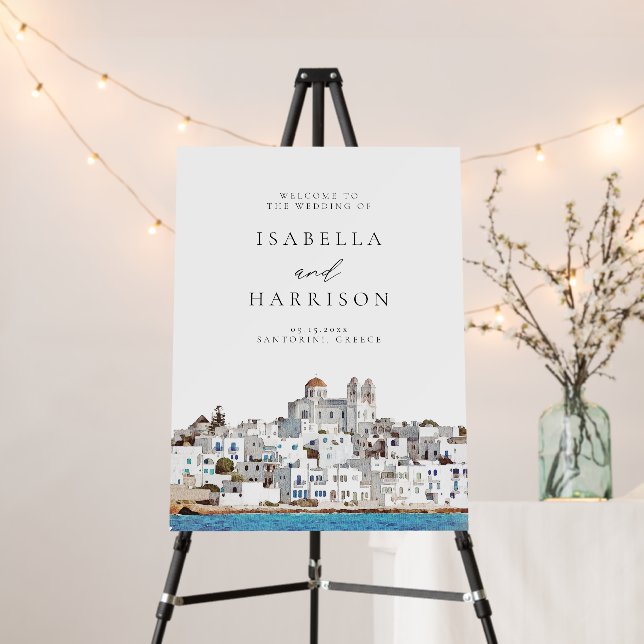 Watercolor Paros Greece Skyline Travel Wedding Foam Board (In Situ (Stand))