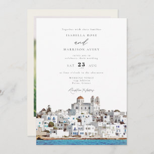 Watercolor Paros Greece Skyline Travel Wedding Invitation
