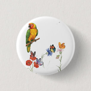watercolor parrot and butterflies design button