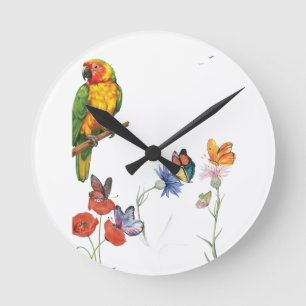 watercolor parrot and butterflies design round clock