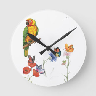 watercolor parrot and butterflies design round clock