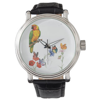 watercolor parrot and butterflies design watch