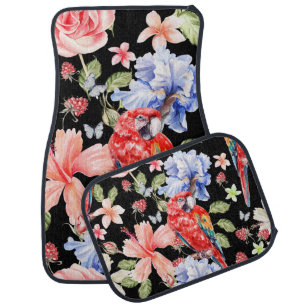 Watercolor Parrot: Floral Pattern Romance. Car Floor Mat