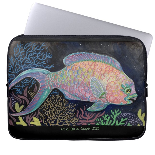 Watercolor Parrotfish Laptop Sleeve (Front)