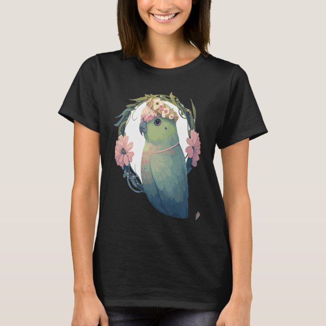 Watercolor Parrotlet Parakeet Bird Flower Crown Pe T-Shirt (Front)