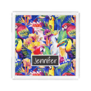 Watercolor Parrots Add Your Name Acrylic Tray