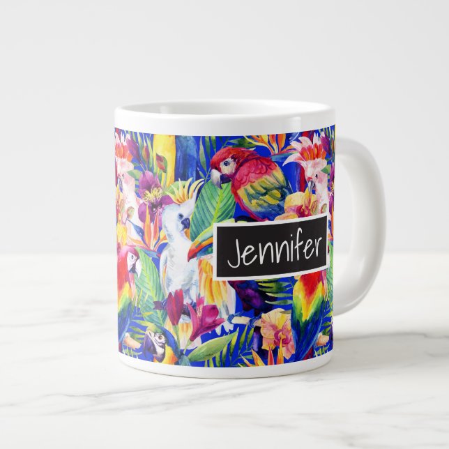 Watercolor Parrots | Add Your Name Large Coffee Mug (Front Right)