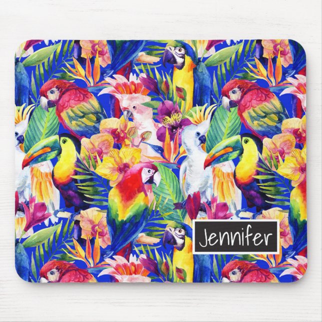 Watercolor Parrots | Add Your Name Mouse Pad (Front)