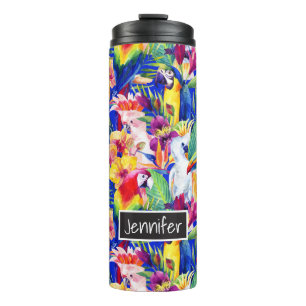 Watercolor Parrots   Add Your Name Thermal Tumbler