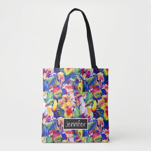Watercolor Parrots | Add Your Name Tote Bag (Front)