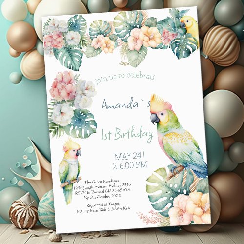 Watercolor Parrots Hawaiian party Birthday Invitation