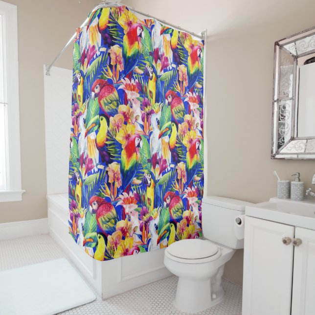 Watercolor Parrots Shower Curtain (In Situ)